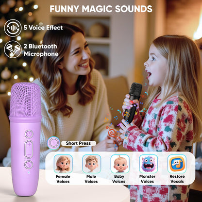 Dislocati mini karaoke machine with two microphones, LED disco lights, perfect for girls' birthday parties and family celebrations.