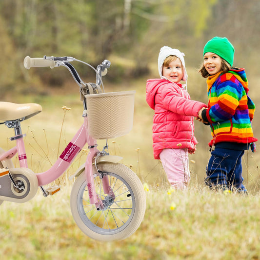 Kids Bike 14 Inch for Girls Children's Bike for Ages 3-5 Years with Stabilisers & Kickstand,Handbrake Coaster Foot Brake Basket and Bell (Pink, 14 Inch with Stabilisers & Kickstand)