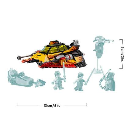 LEGO Star Wars 75414 Snowspeeder building set with 3 minifigures, lightsabers, and a speeder bike on display.