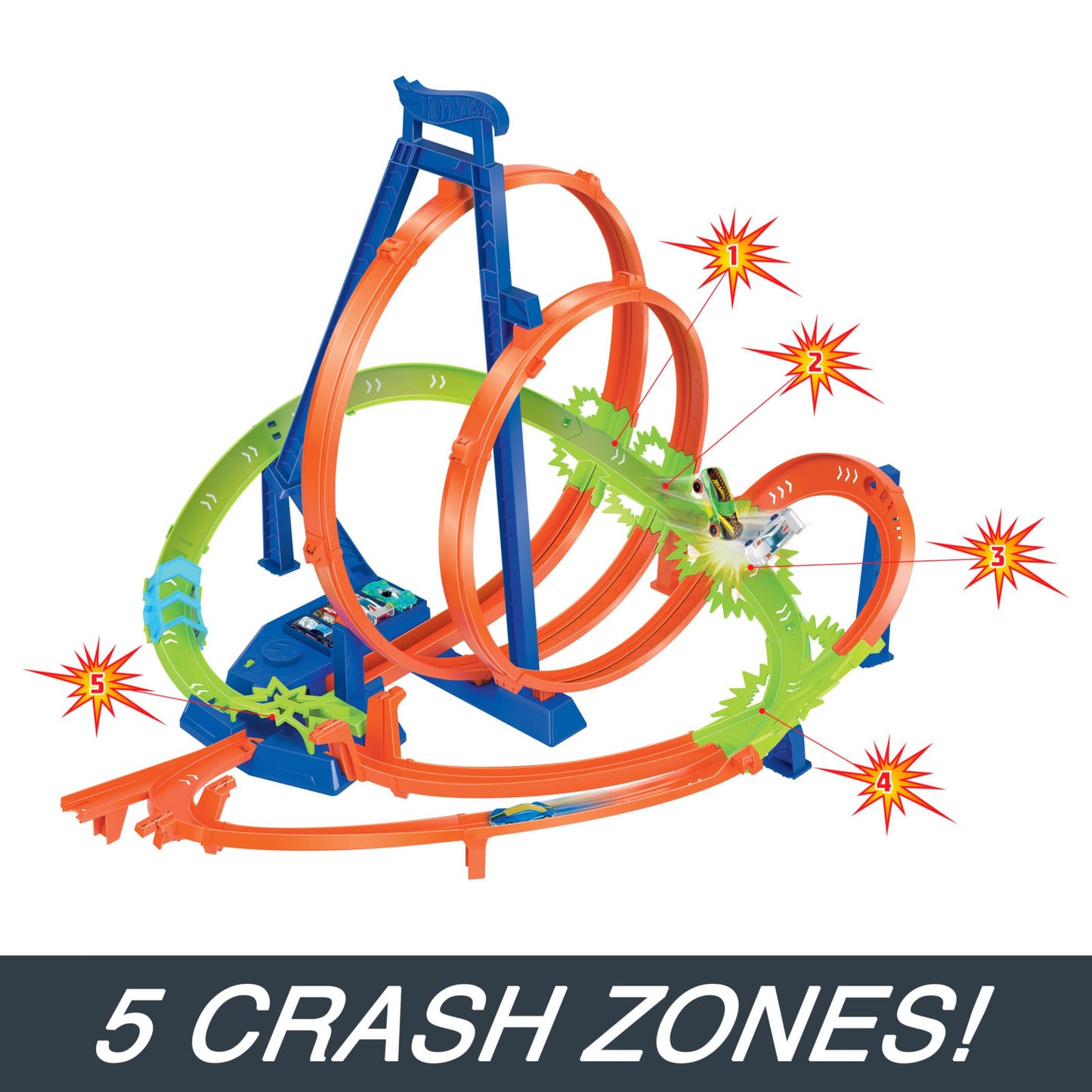 Hot Wheels -Track Set, Epic Crash Dash with 5 Crash Zones, Motorized Booster and 1 Hot Wheels 1:64 Scale Toy Car, Easy Storage, HTP55