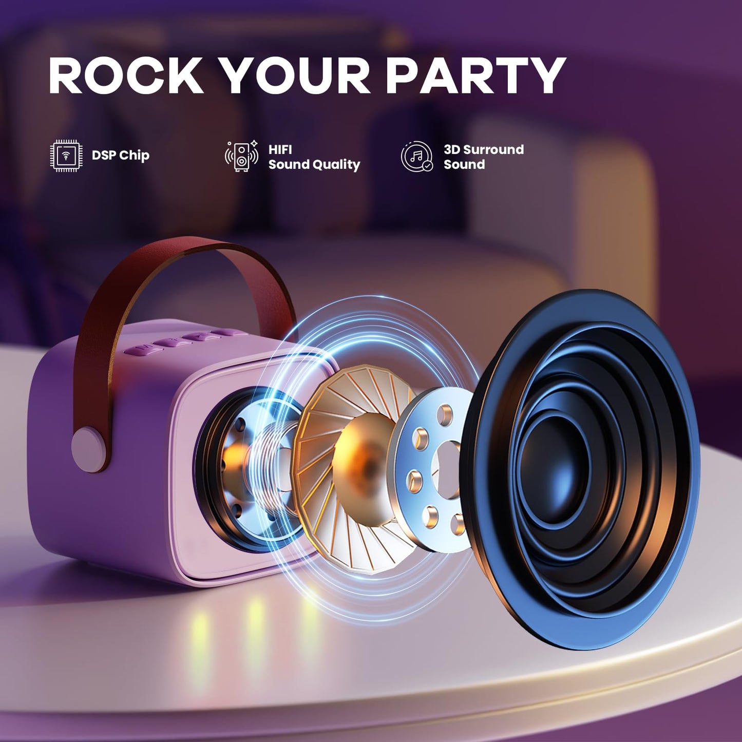 YLL mini karaoke machine with two wireless microphones in purple, ideal kids gift for ages 3 to 12, perfect for parties and birthdays