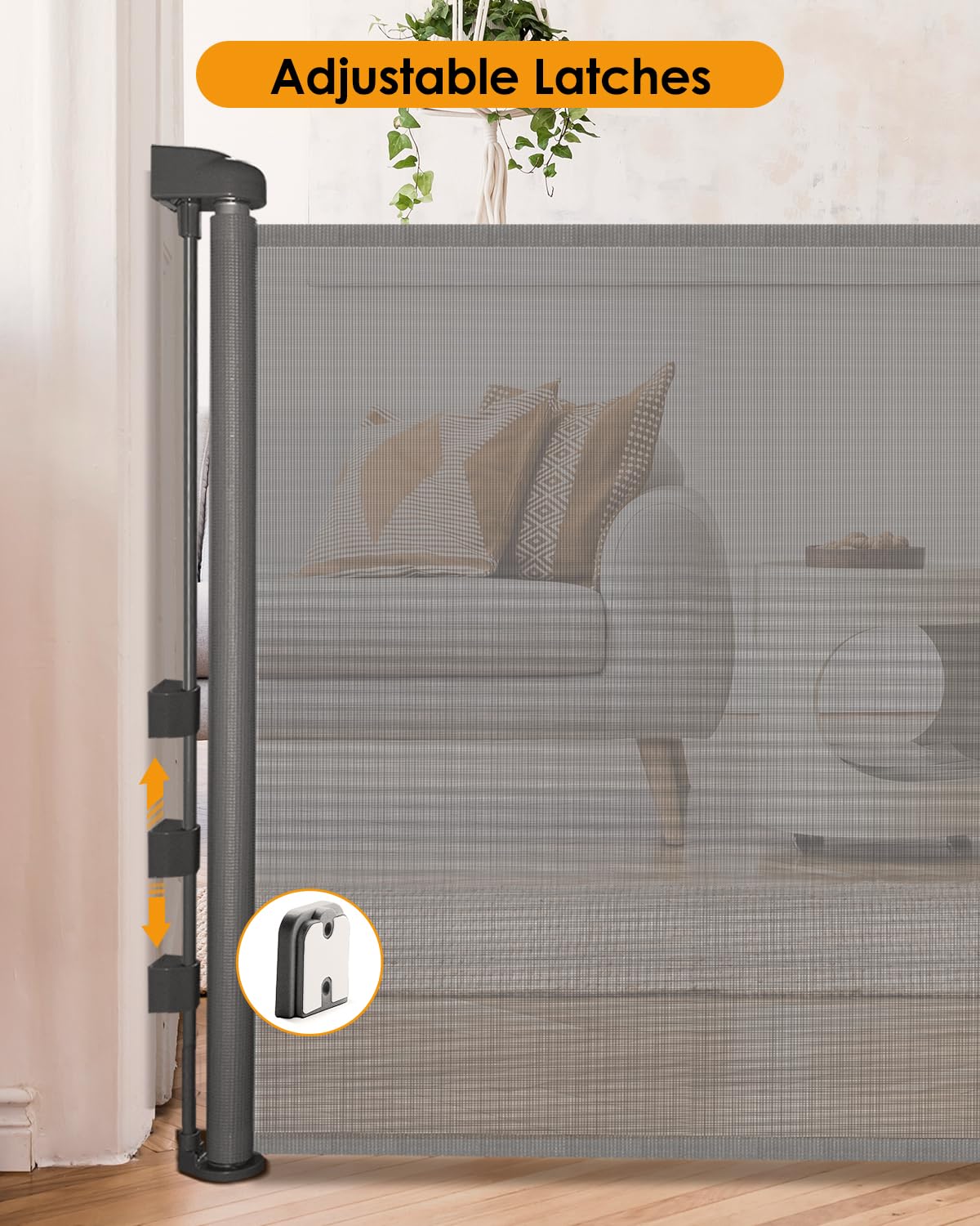derimkcoa retractable mesh baby and dog gate, 86cm tall, extends to 140cm wide, grey safety gate for doorways and stairs