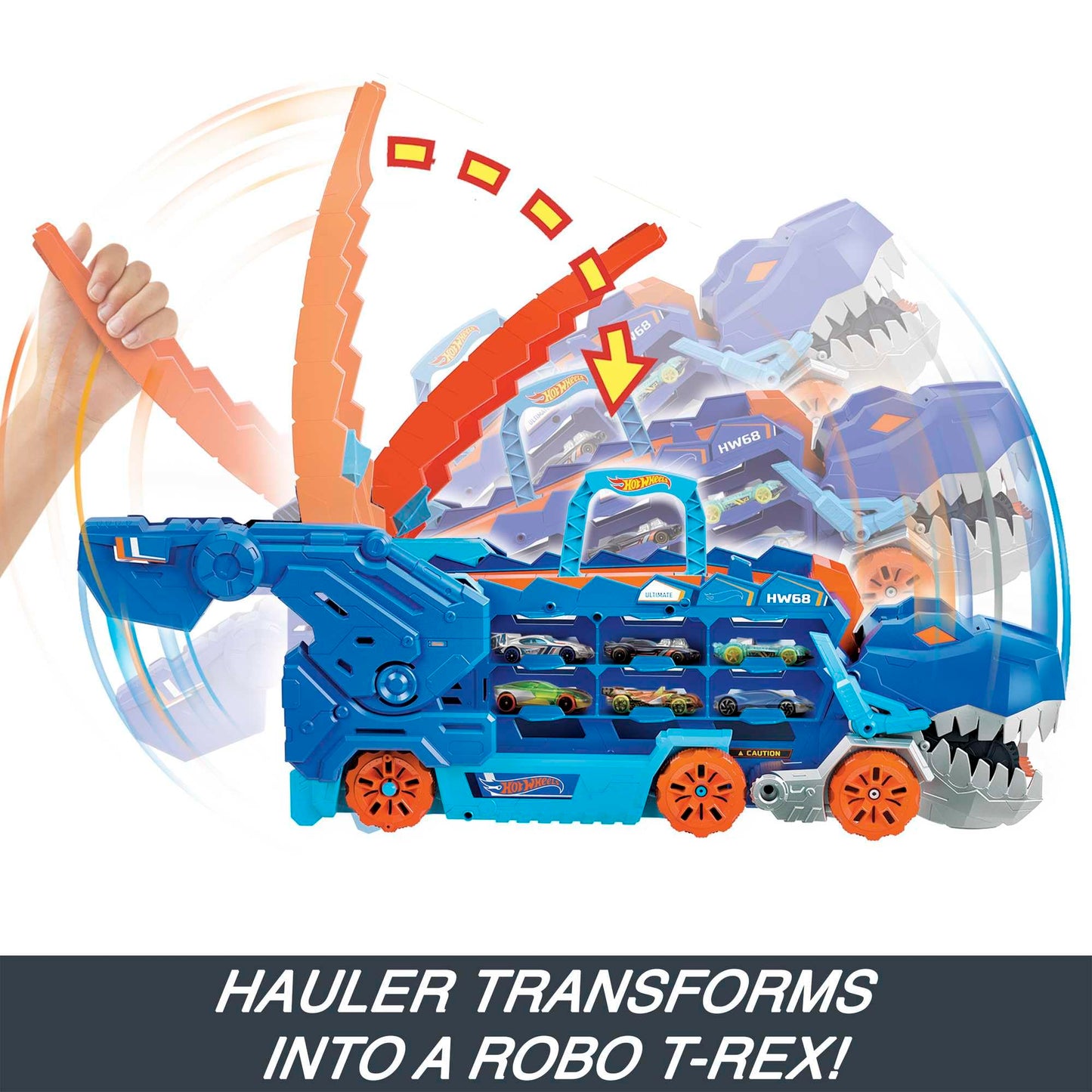 Hot Wheels City Toy Car Track Set, Ultimate T-Rex Transporter, Hauler Transforms into Stomping Dino with Race Track, From Netflix Series “Let’s Race”, HNG50