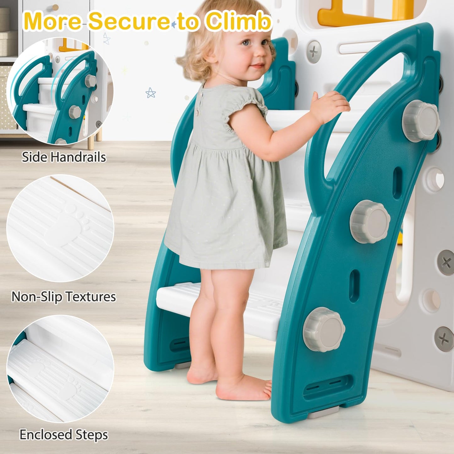 COSTWAY Toddler Swing and Slide Set, 10 in 1 Kids Slide with Climber Ladder, Basketball Hoop, Telescope, Tunnel, Storage Space, Indoor Outdoor Playground for 1+ Years Old (Green + Yellow)