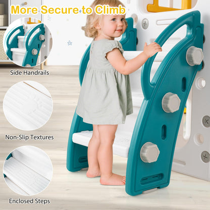COSTWAY Toddler Swing and Slide Set, 10 in 1 Kids Slide with Climber Ladder, Basketball Hoop, Telescope, Tunnel, Storage Space, Indoor Outdoor Playground for 1+ Years Old (Green + Yellow)