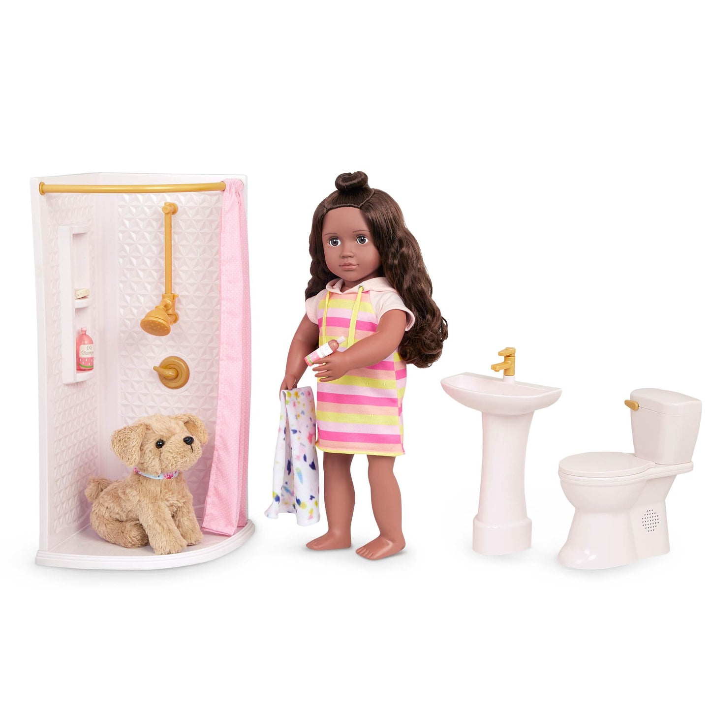 Our Generation dollhouse bathroom set with modern furniture accessories for 18-inch girl dolls in a colorful playroom setting.