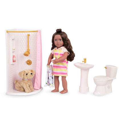 Our Generation dollhouse bathroom set with modern furniture accessories for 18-inch girl dolls in a colorful playroom setting.