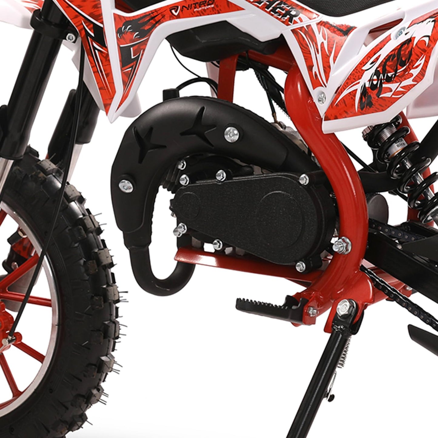 Loqifox 49cc kids dirt bike with off-road tires, dual disc brakes, gas-powered mini motorcycle for children ages 8-12.