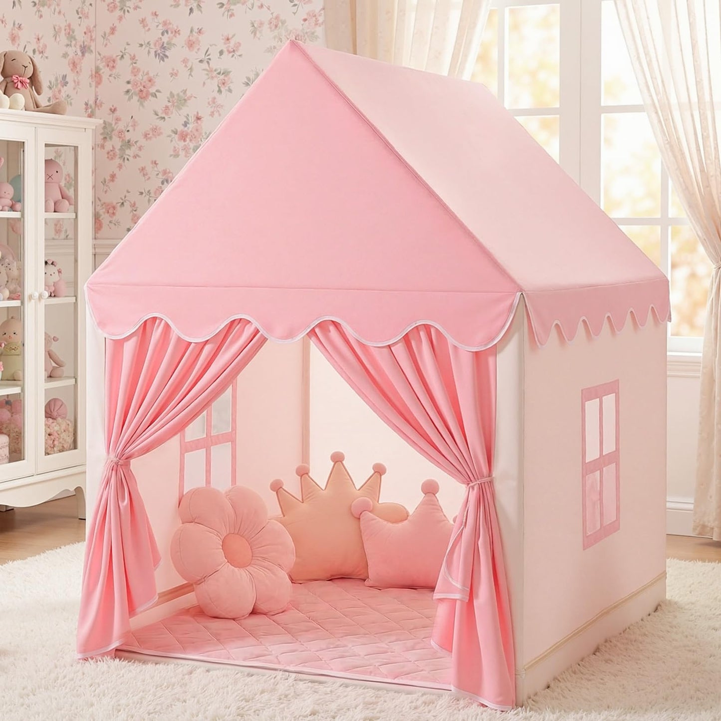 Pink Wilwolfer kids play tent with princess design, indoor toddler playhouse for girls, featuring a colorful fabric and playful structure.