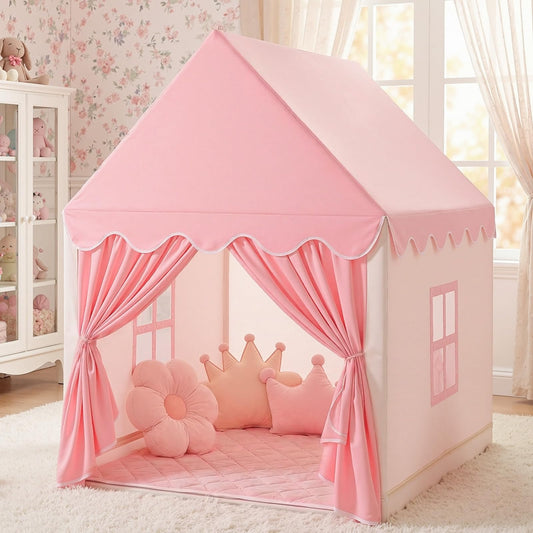 Pink Wilwolfer kids play tent with princess design, indoor toddler playhouse for girls, featuring a colorful fabric and playful structure.