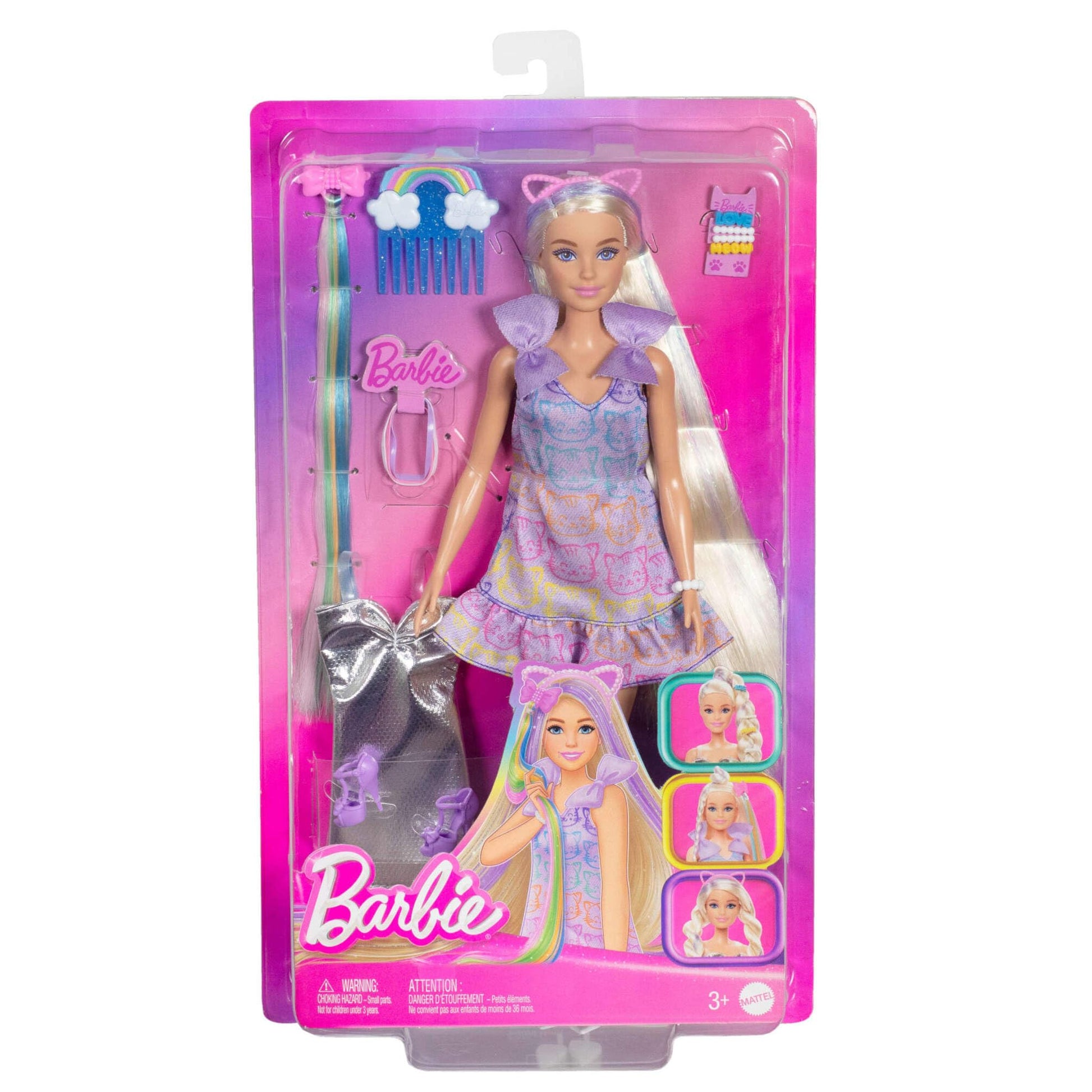 Barbie Fun & Fancy blonde fashion doll with long hair, silver metallic dress, and hair extension, holding accessories.