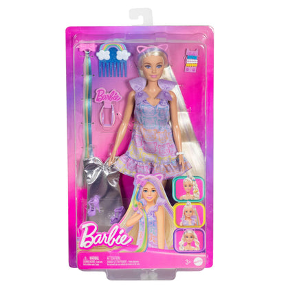 Barbie Fun & Fancy blonde fashion doll with long hair, silver metallic dress, and hair extension, holding accessories.