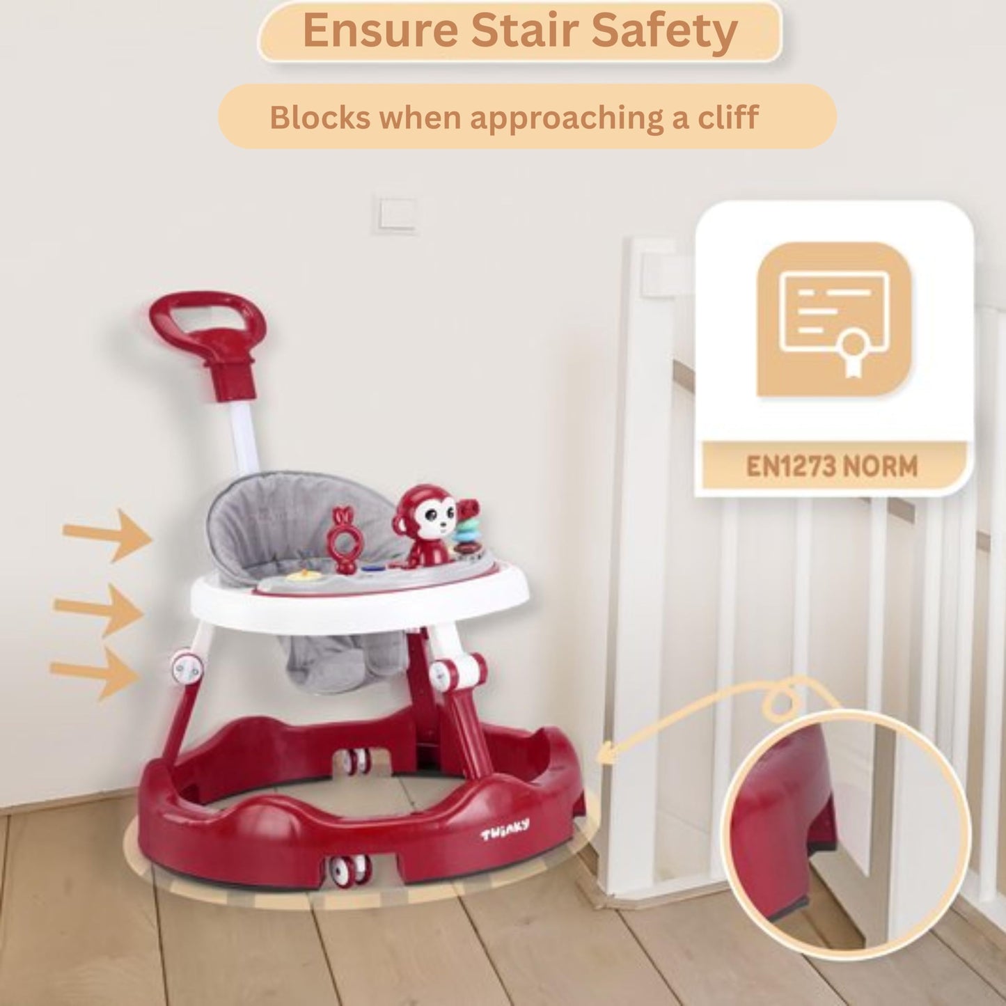 Twinky® Baby Walker with retractable handle, play set, music, floor mat, adjustable height, sturdy walking aid for 6 months+ boys and girls