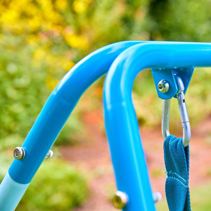 TP Toys foldaway baby swing with powder-coated metal frame, non-slip feet, and compact design for indoor and outdoor use.