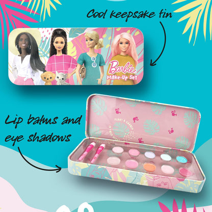 Barbie Make-Up Collection keepsake tin with children's makeup set for girls, featuring colorful cosmetic products and packaging.