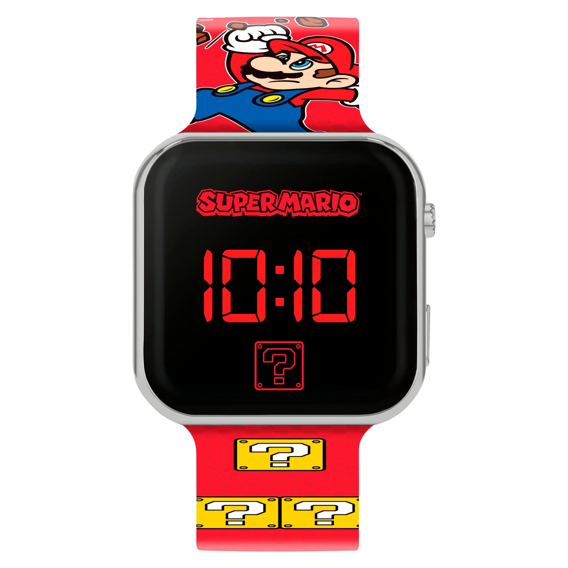 Super Mario LED watch with printed strap, featuring colorful Mario design, digital display, and GSM4107 model from Nintendo.