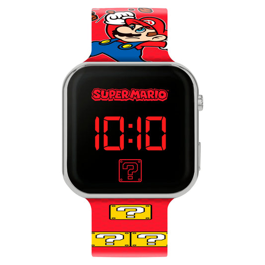 Super Mario LED watch with printed strap, featuring colorful Mario design, digital display, and GSM4107 model from Nintendo.