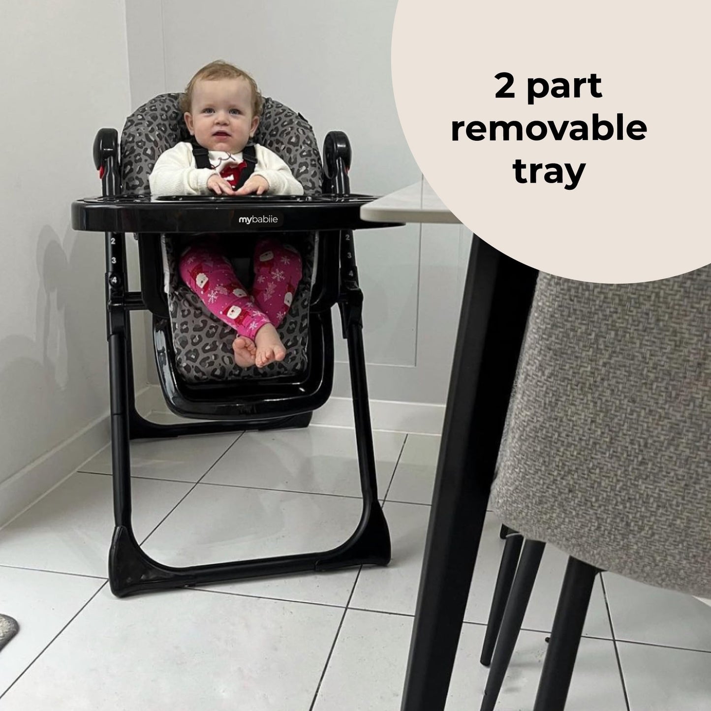 My Babiie MBHC8 Premium Highchair – Adjustable, 3 Recline Positions, 6 Height Settings, Removable Tray, Padded Seat, Foldable, for Toddler, from 6 Months to 3 Years (15kg) – Black Leopard