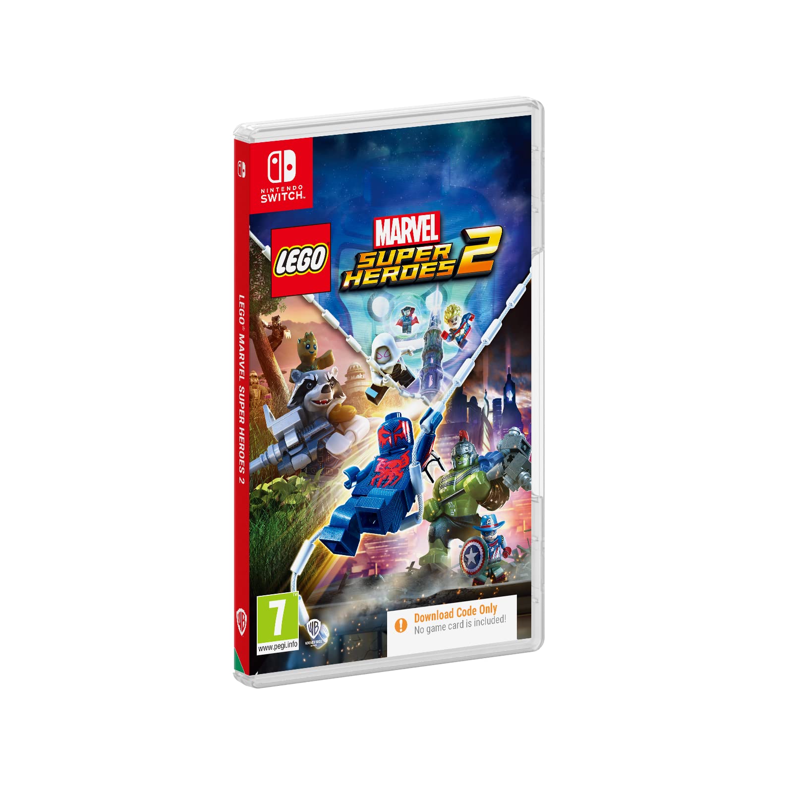 LEGO Marvel Super Heroes 2 Nintendo Switch game box with artwork featuring Marvel characters, published by Warner Bros.