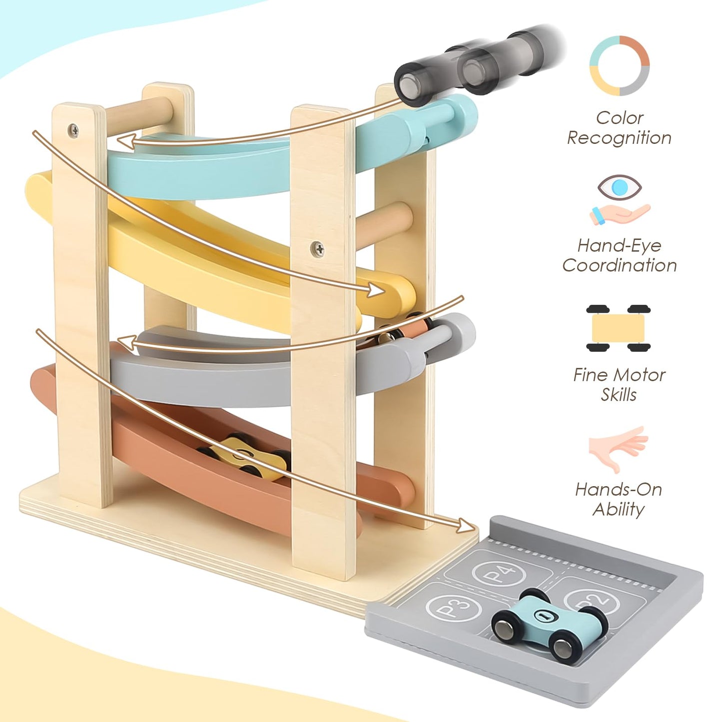 Vanplay wooden car ramp toy with four mini cars and a toy garage for toddlers aged 1-2, showcasing colorful design.
