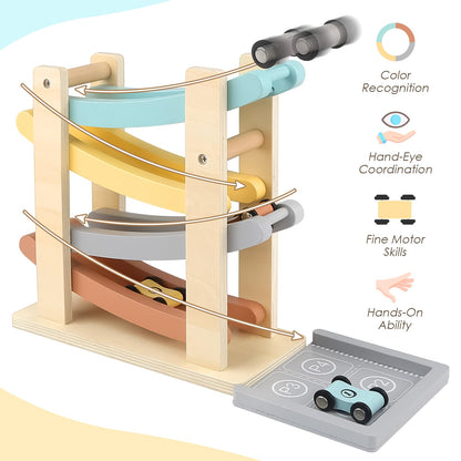 Vanplay wooden car ramp toy with four mini cars and a toy garage for toddlers aged 1-2, showcasing colorful design.