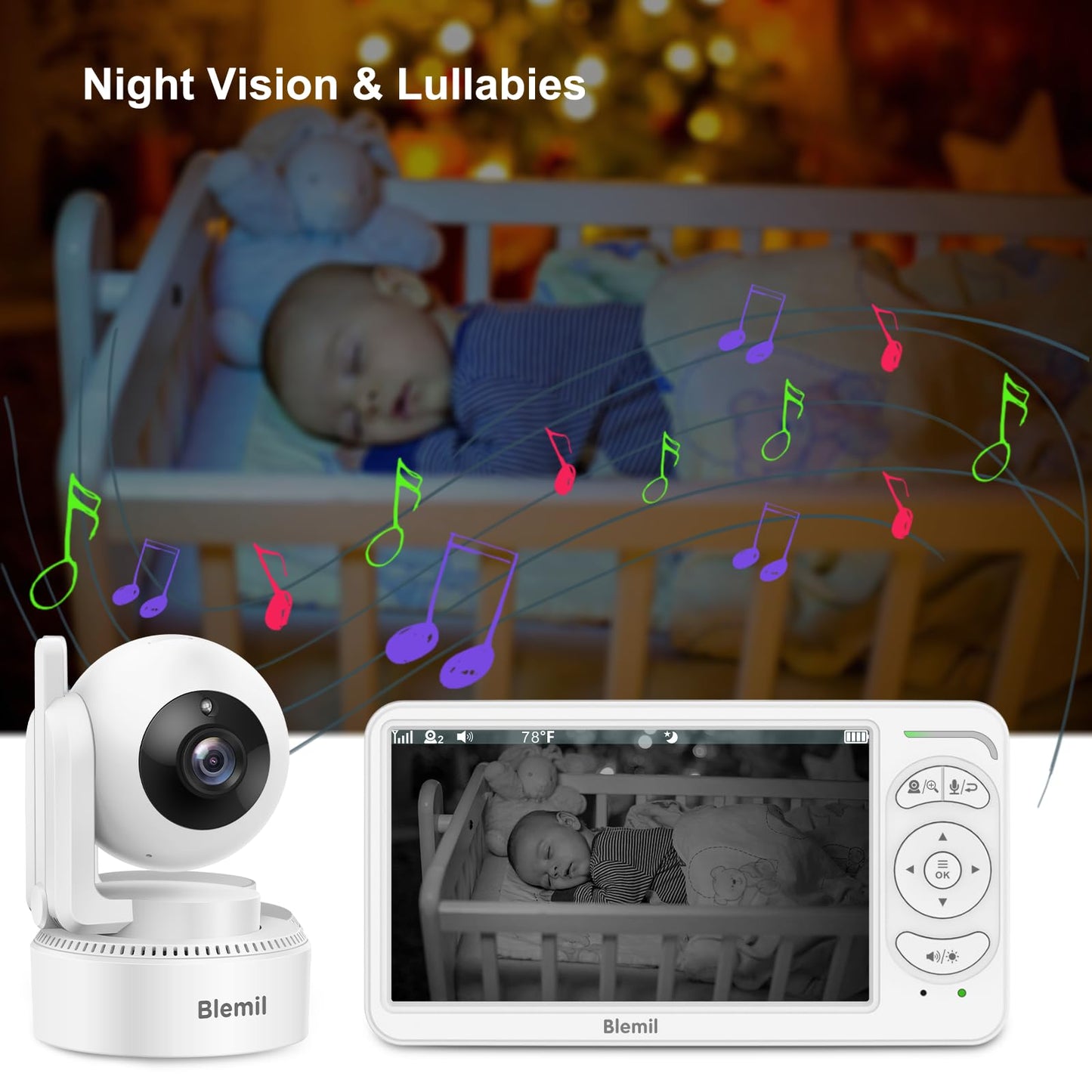 Blemil video baby monitor with two cameras, split-screen display, night vision, and remote pan, tilt, zoom features.