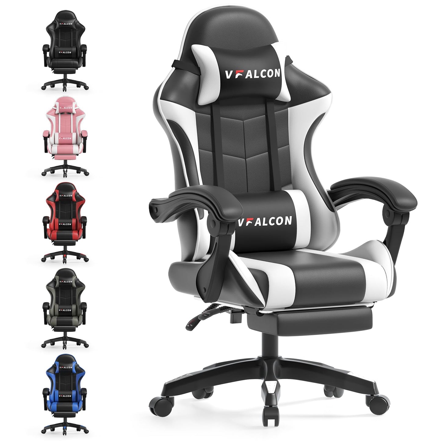 Vfalcon XTREME gaming chair in white with ergonomic design, reclining feature, footrest, 360° swivel, and height adjustment