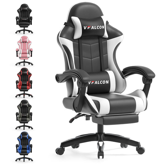 Vfalcon XTREME gaming chair in white with ergonomic design, reclining feature, footrest, 360° swivel, and height adjustment