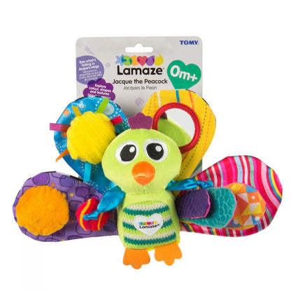 LAMAZE Jacques the Peacock clip-on baby sensory toy for prams and pushchairs, suitable for newborns 0-6 months.