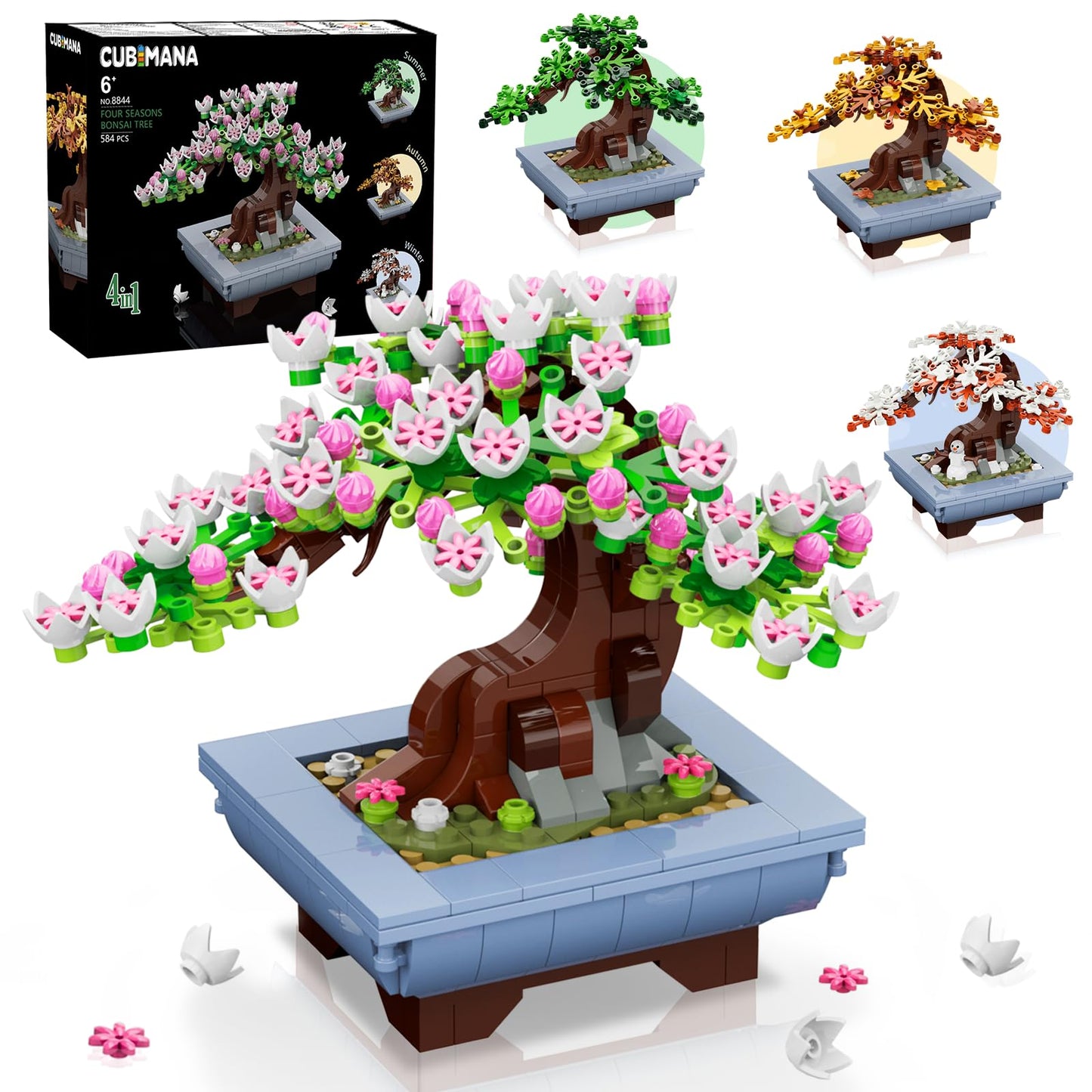 CUBIMANA Cherry Flowers Bonsai building set with 584 pieces, featuring artificial seasonal cherry blossom trees for home and office decor.