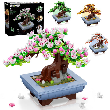 CUBIMANA Cherry Flowers Bonsai building set with 584 pieces, featuring artificial seasonal cherry blossom trees for home and office decor.