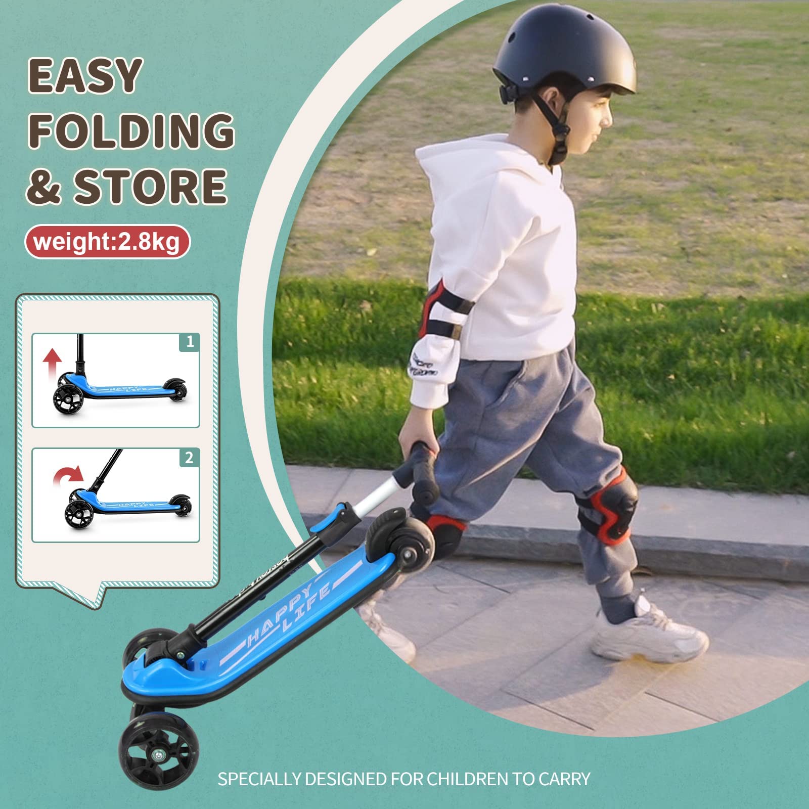 besrey kids scooter with large wheels, flashing LED lights, adjustable height, and three-wheel design for children ages 3-10.