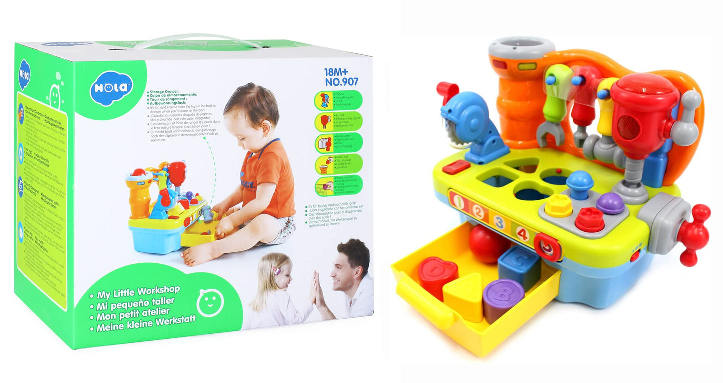 HOLA Toys for 2 Year Old Boy, Baby Tool Bench Toy for 1 Year Old Boys Musical Toddler Workbench Toy 12 18 Months with Shape Sorter, Sounds & Lights, Educational Toys Gifts for Baby Boys Girls Age 2 3