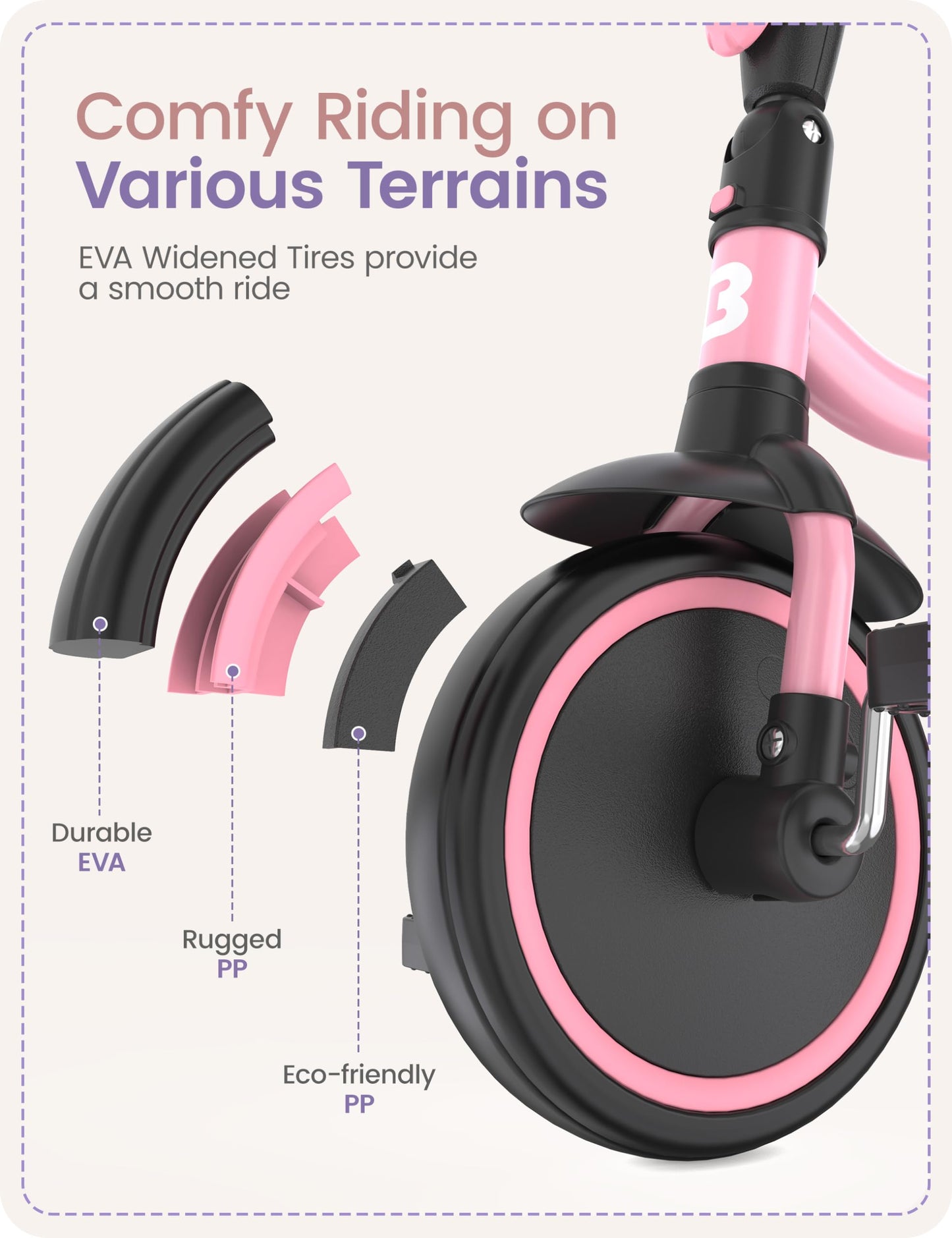 Pink besrey kids tricycle for toddlers aged 18 months to 5 years, with a sturdy frame and three wheels for stability and fun.