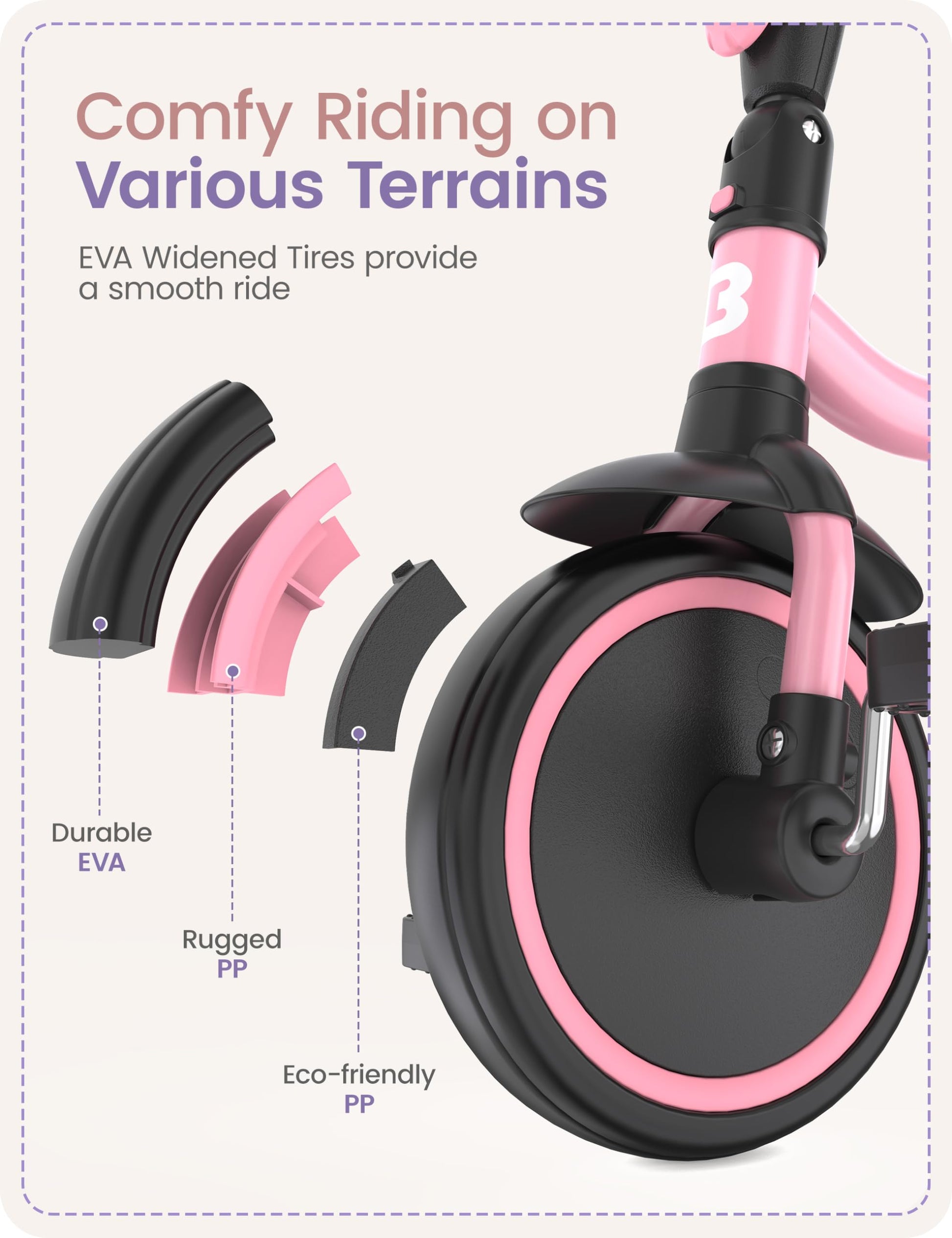 Pink besrey kids tricycle for toddlers aged 18 months to 5 years, with a sturdy frame and three wheels for stability and fun.