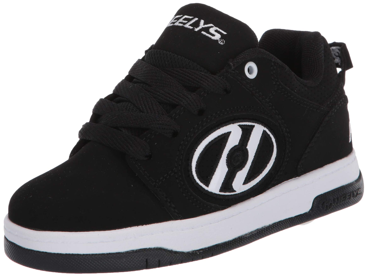 Heelys Voyager tennis shoe for big kids, black and white, with a sporty design and wheels in the heel.