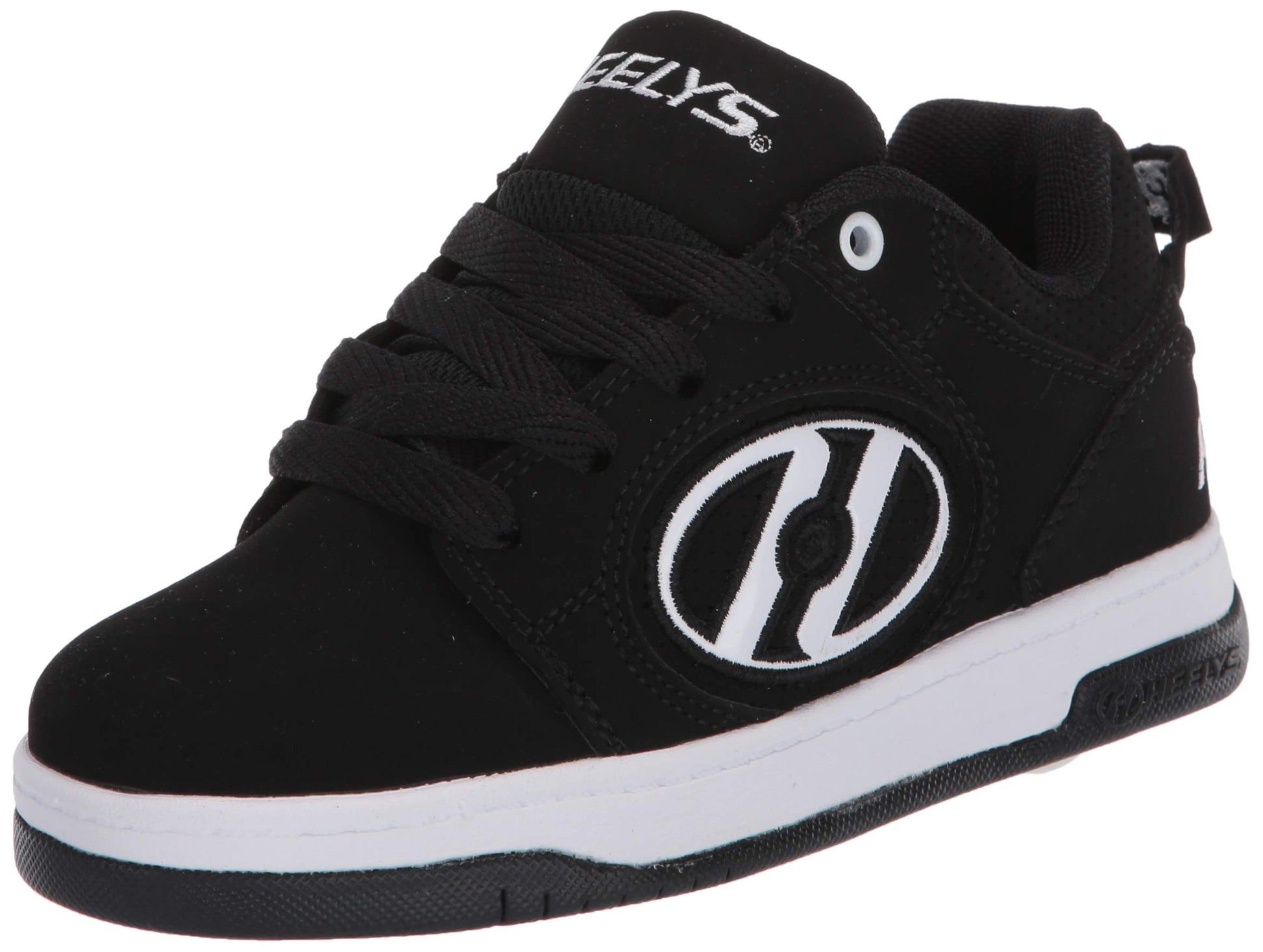 Heelys Voyager tennis shoe for big kids, black and white, with a sporty design and wheels in the heel.