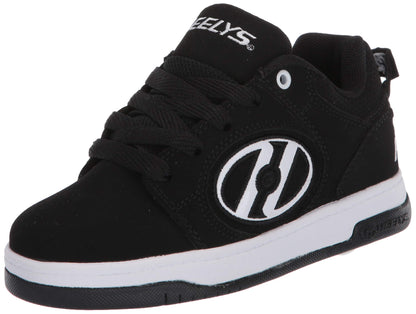 Heelys Voyager tennis shoe for big kids, black and white, with a sporty design and wheels in the heel.