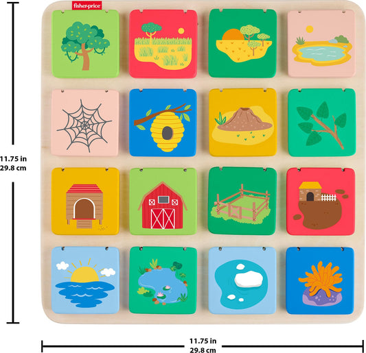 Fisher-Price Wood Preschool Toy Lift & Reveal Board showing children engaging with activity for fine motor skills development.