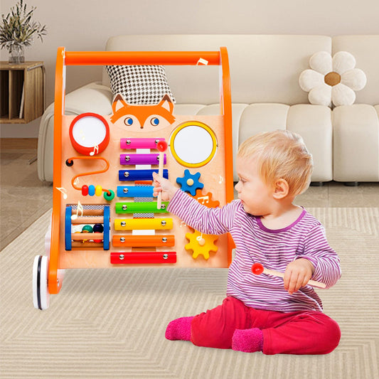 Forroby 2-in-1 wooden baby walker with activity center, Montessori game panel, anti-slip wheels, suitable for 9+ months toddlers.