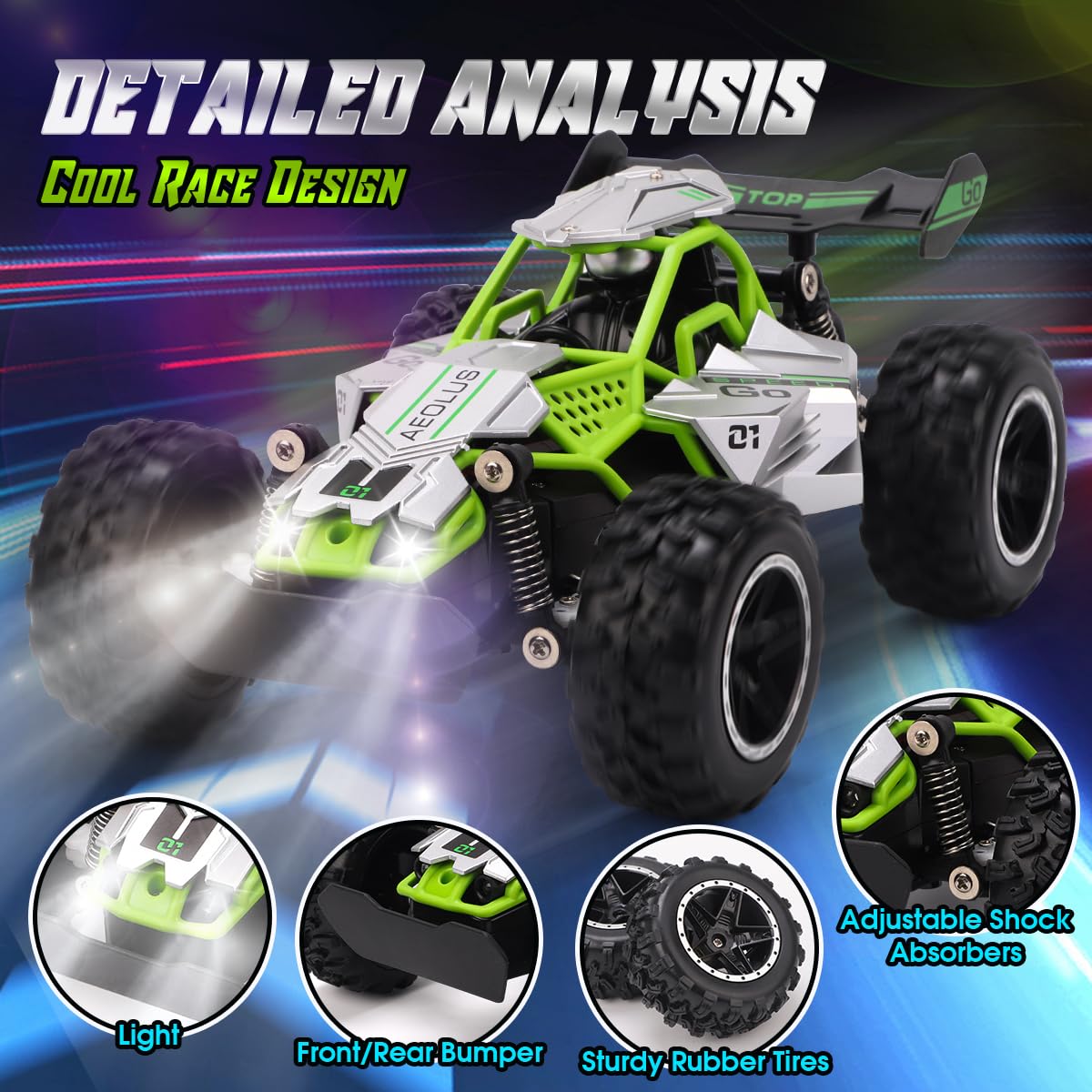 RUIDYA Remote Control Cars, 2.4GHz 1:18 Scale Off-road RC Race Car Toy for Kids Age 4+ with LED Light, Rechargeable High Speed All Terrain RC Drift Vehicle, 4 5 6 7 8 Year Old Boys Girls Birthday Gift