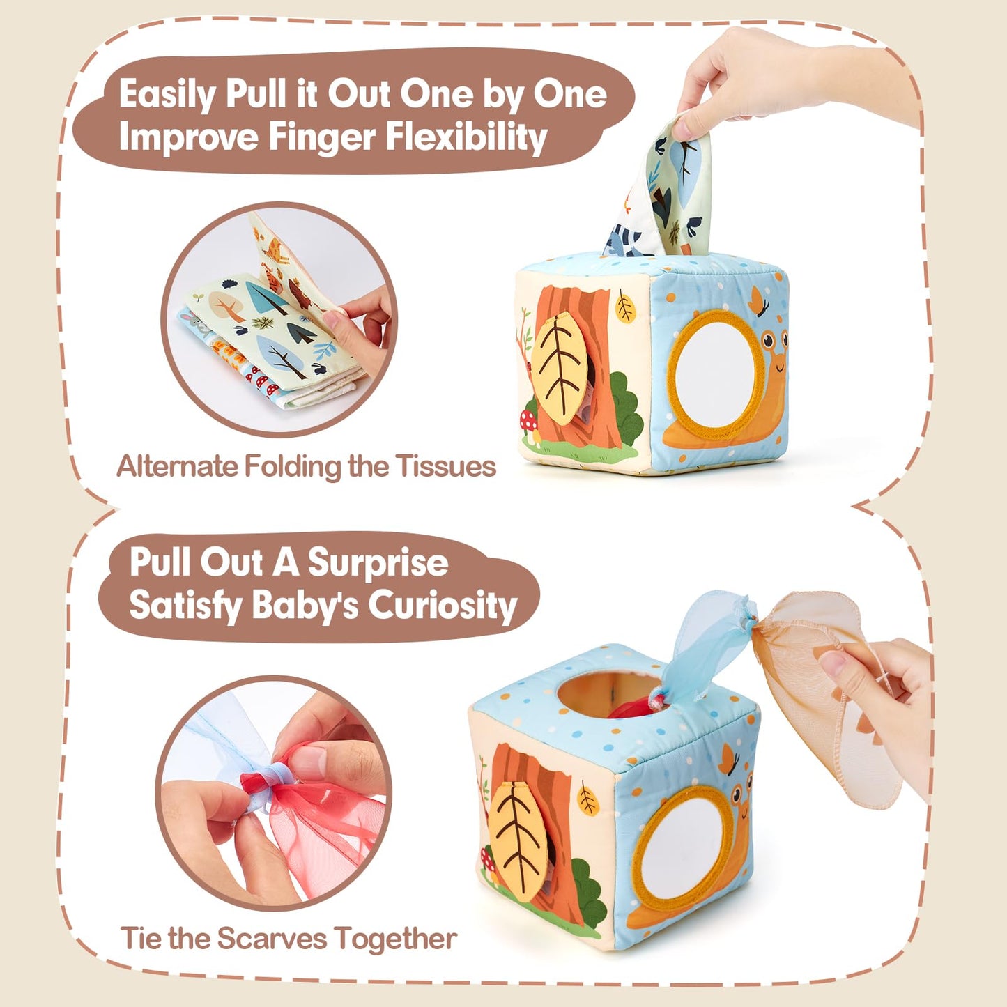 hahaland baby tissue box toy featuring colorful tissues, designed as a sensory toy for infants 6-12 months old.