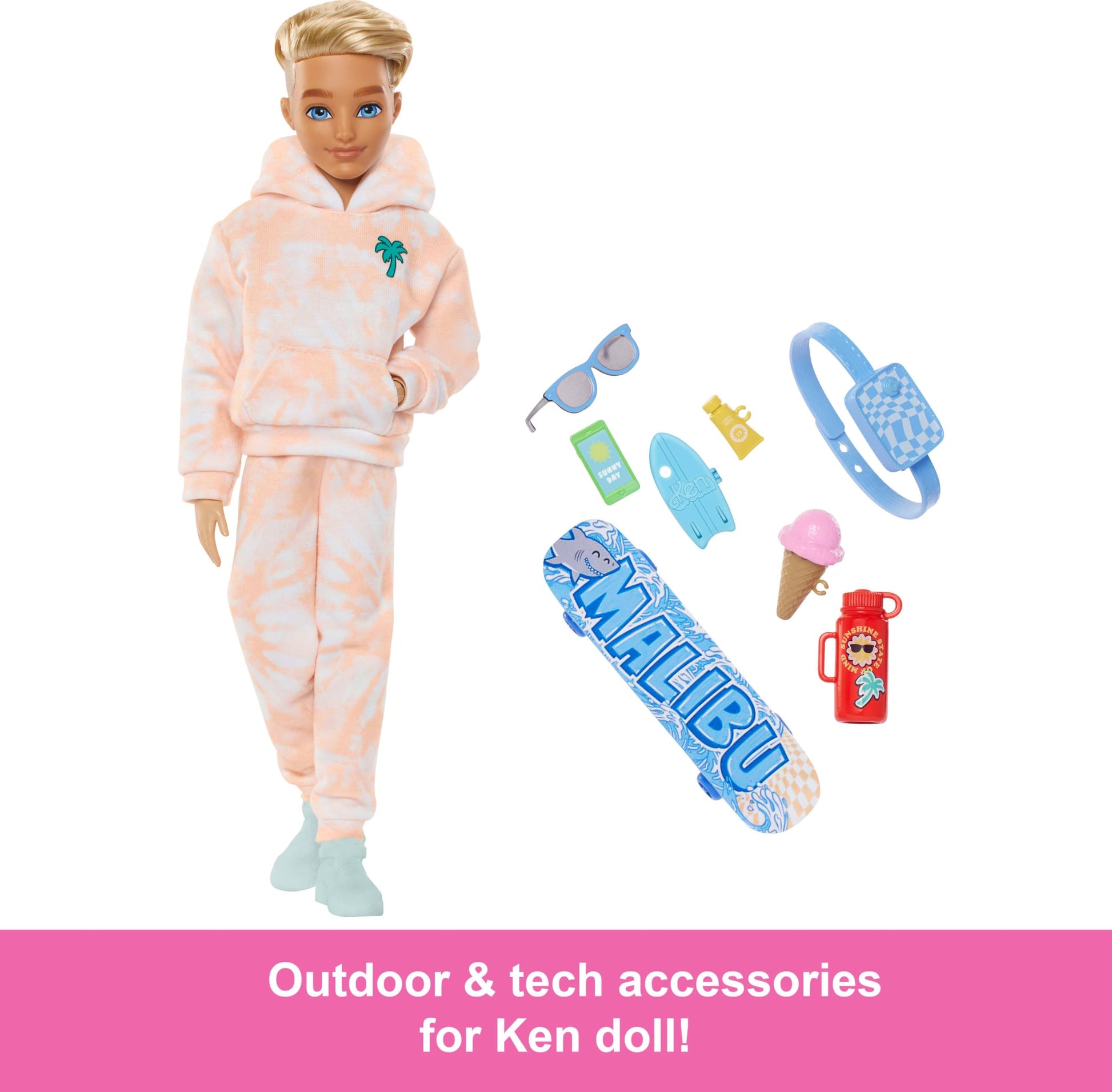 Barbie Dream Besties Ken doll with blonde hair, removable fashions, summer and skateboard-themed accessories, poseable fashion doll