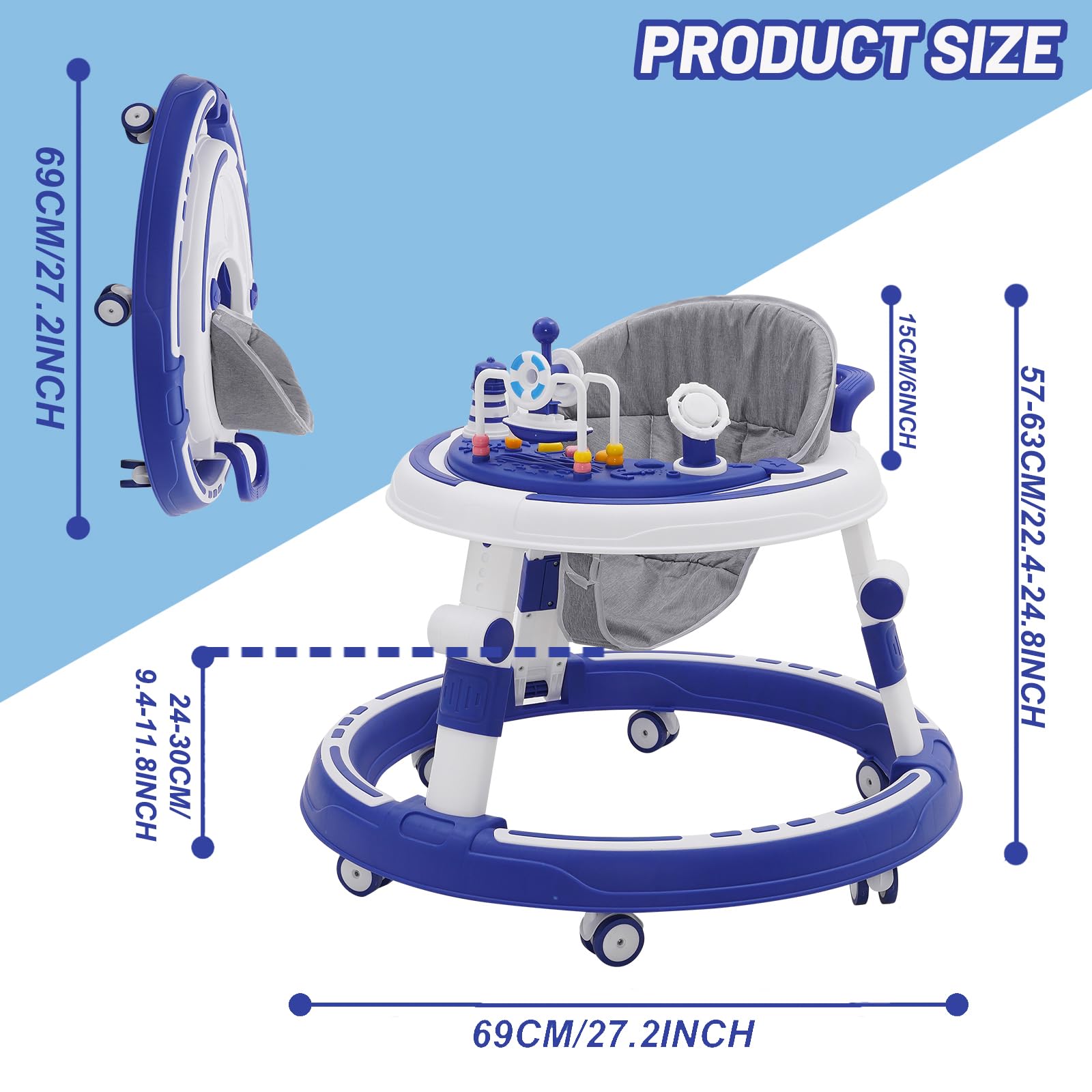 Maycoly foldable baby walker with seat, foot pads, light, sound, and anti-rollover features, round shape for easy push along.