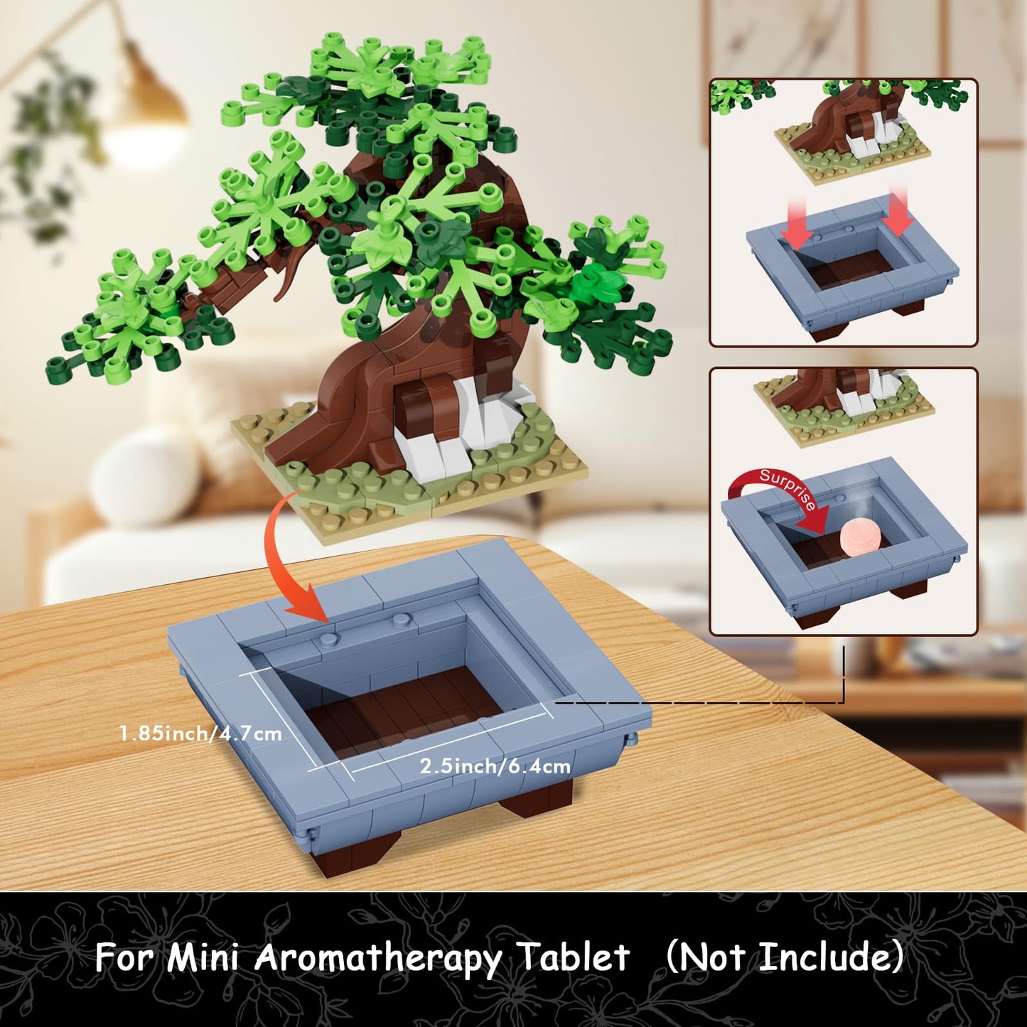 CUBIMANA Cherry Flowers Bonsai building set with 584 pieces, includes artificial seasonal tree plants for home or office decor.