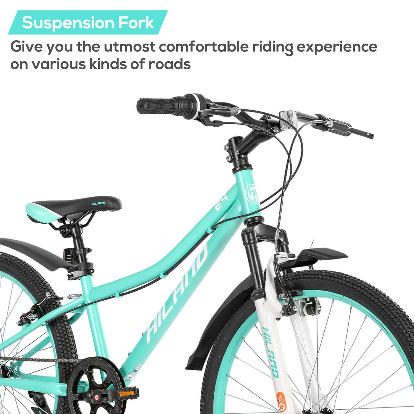 Hiland Mountain Bike 24 Inch, 7 Speed Boys Girls Mountain Bicycle with Suspension Fork V-brakes, 24 Inch MTB Mountian Bike for Kids, Mint Green