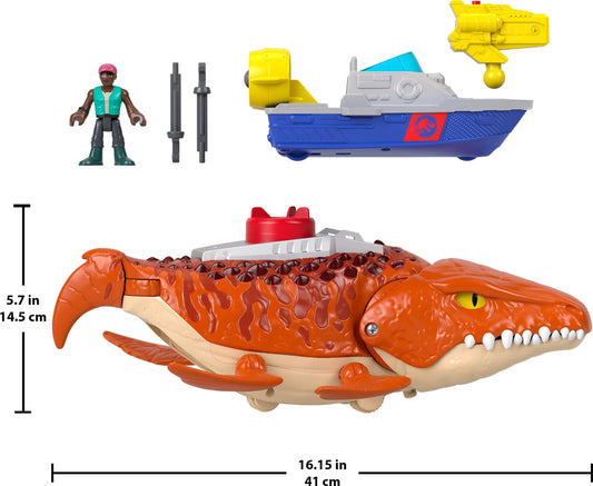 Fisher-Price Imaginext Jurassic World Rebirth Aquachomp Chase Mosasaurus dinosaur toy with action figure, launcher boat, and projectiles.