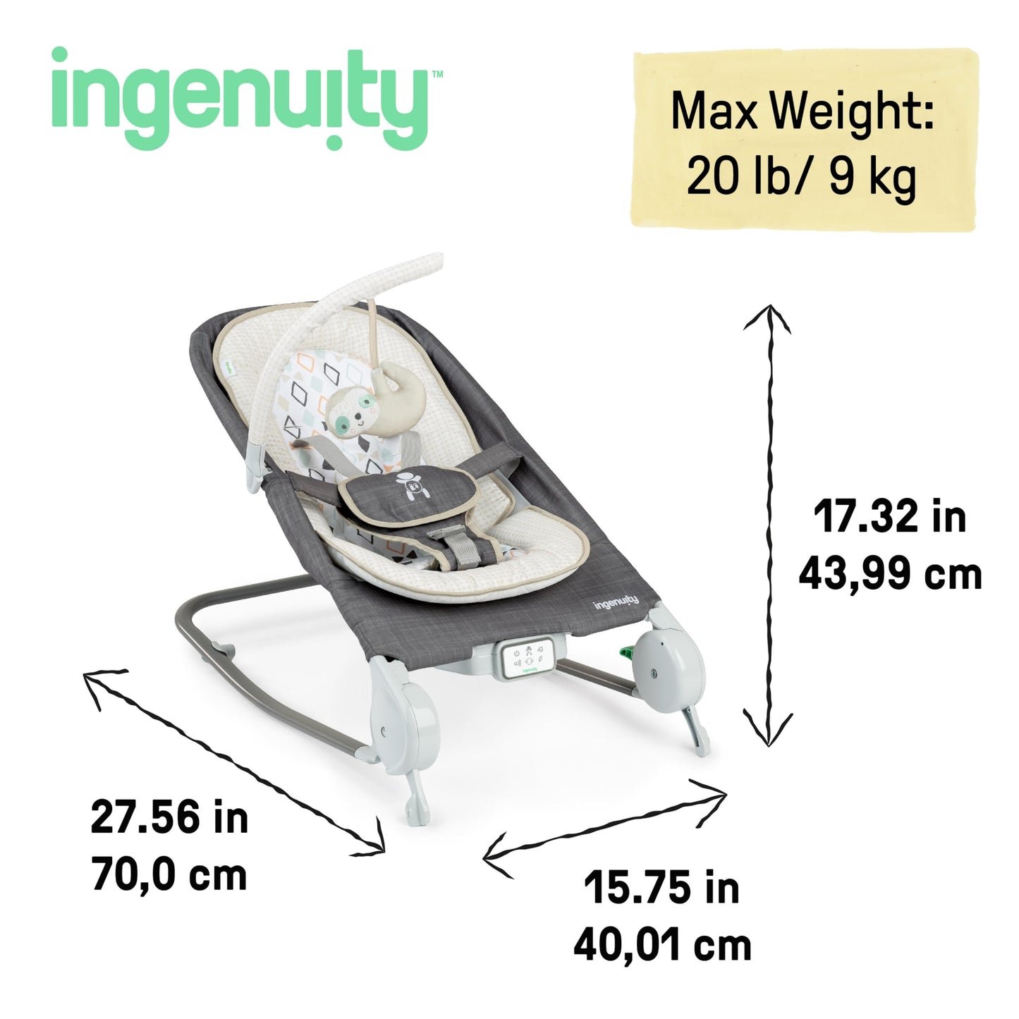 Ingenuity Happy Belly Rock-to-Bounce Seat, Music, Vibration, Detachable Toy Bar, Plush Sloth Toy, for Ages 0-6 Months, Grey - Parker