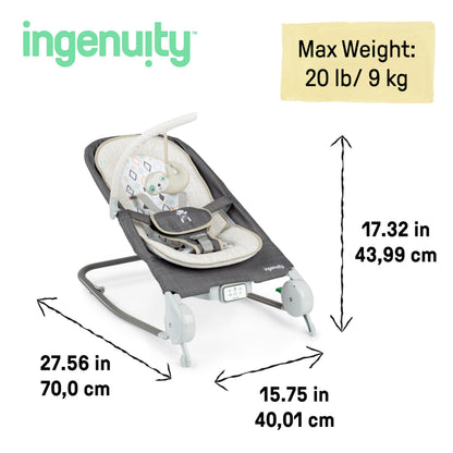 Ingenuity Happy Belly Rock-to-Bounce Seat, Music, Vibration, Detachable Toy Bar, Plush Sloth Toy, for Ages 0-6 Months, Grey - Parker