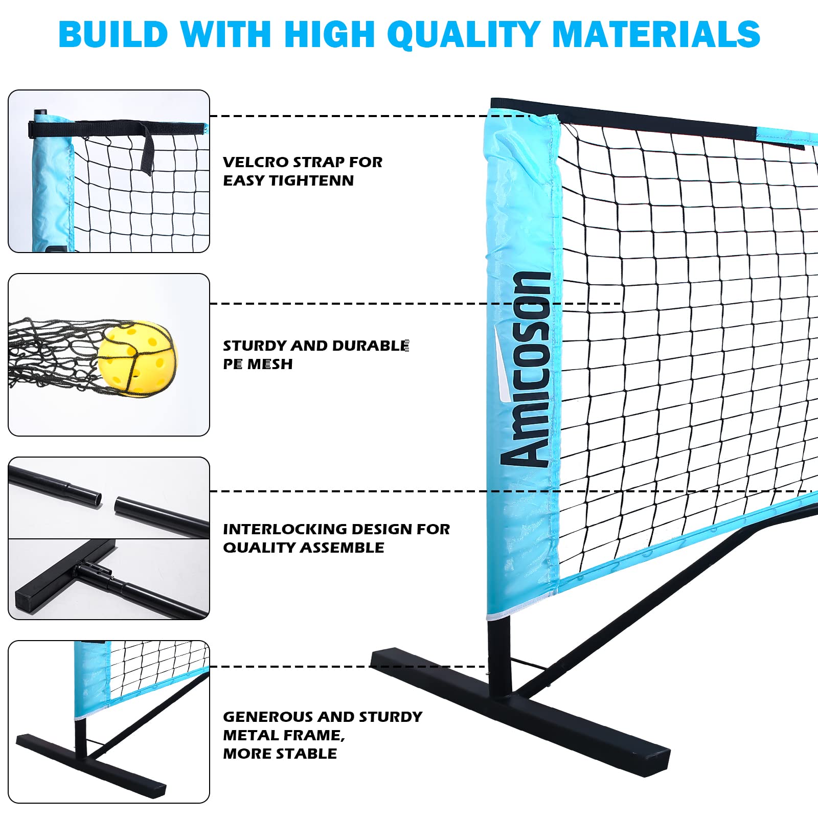 Amicoson pickleball set with 22ft black net, four wooden paddles, pickleballs, carrying bag, court tape, and measuring tape.